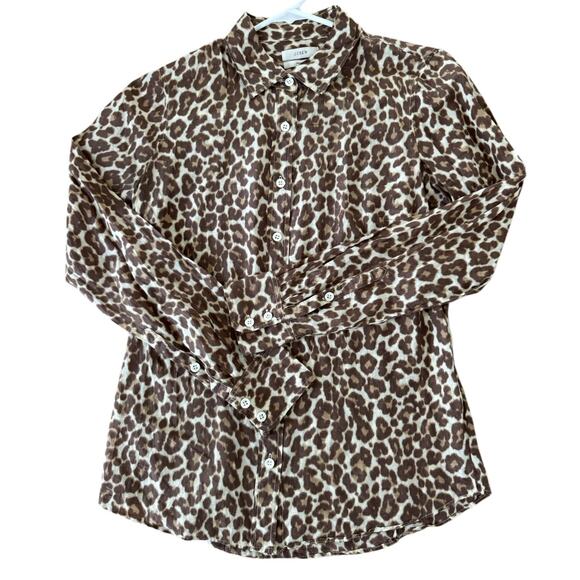 J. Crew prefect cheetah print silk cotton mix button down shirt brown 2 - Picture 5 of 15